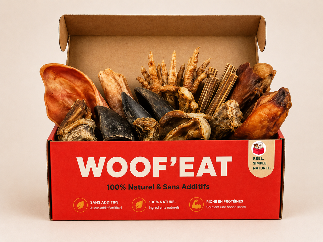 Coffret grand chien Woof'eat avec diverses friandises pour chiens, présenté dans une boîte colorée et attrayante.