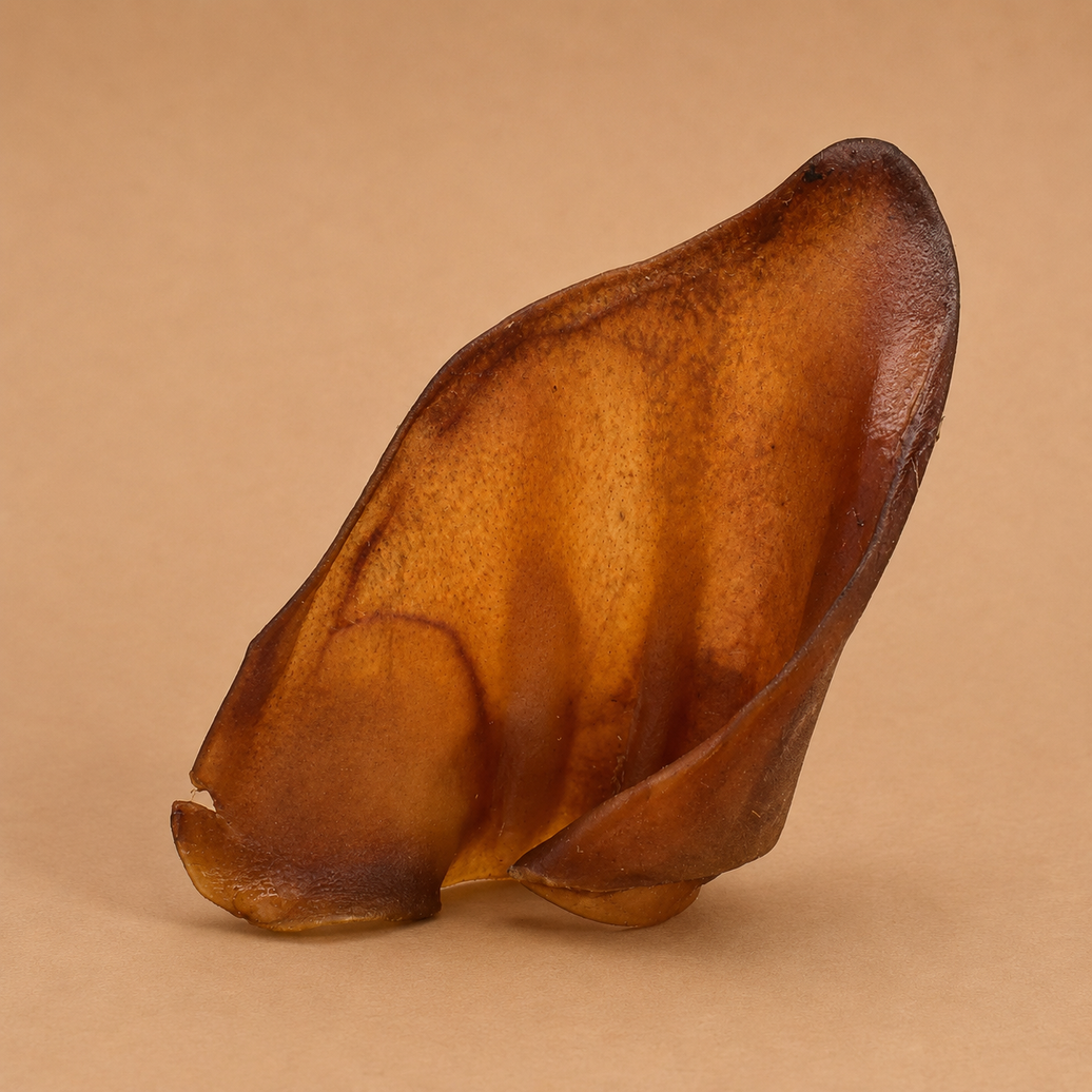 Oreille de porc taille M pour chien, produit de la marque Woof'Eat, visible en image, idéale pour la friandise canine naturelle.