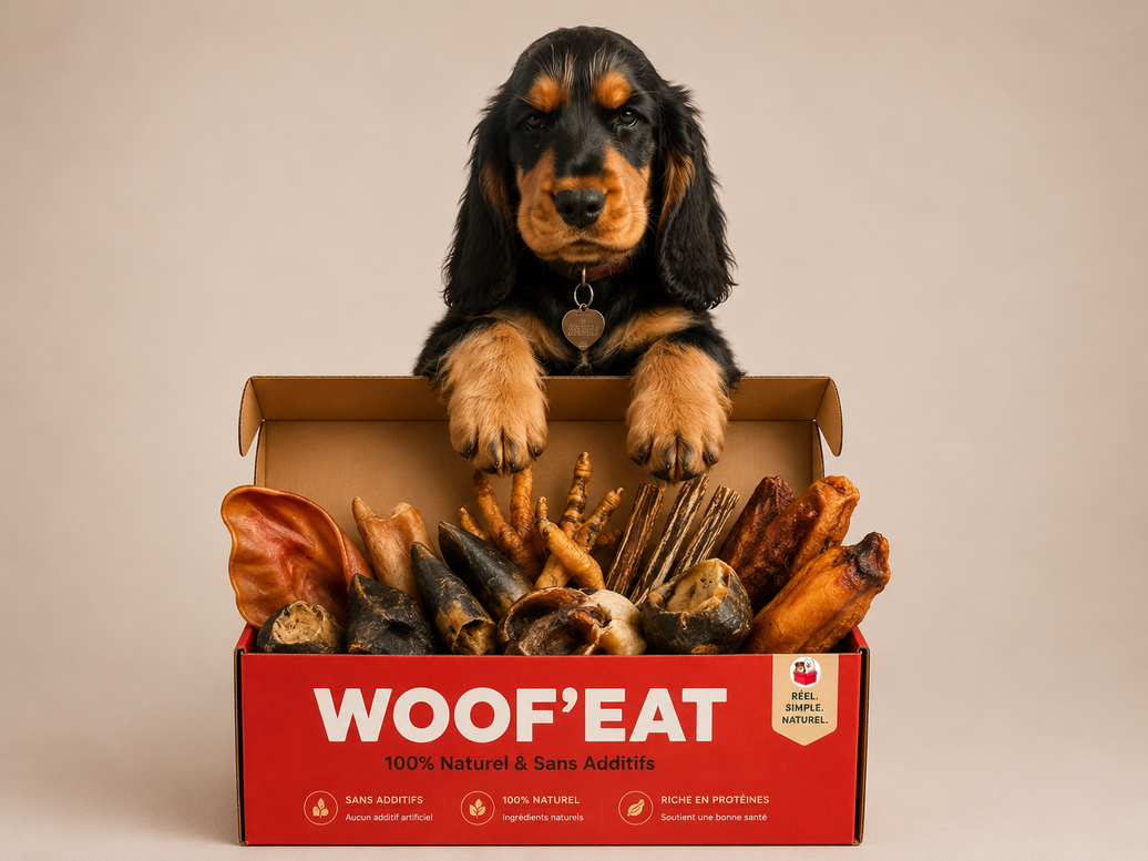 Boîte de petits chiens Woof'eat avec plusieurs sachets de nourriture pour chiens de petite taille, emballés dans une boîte colorée