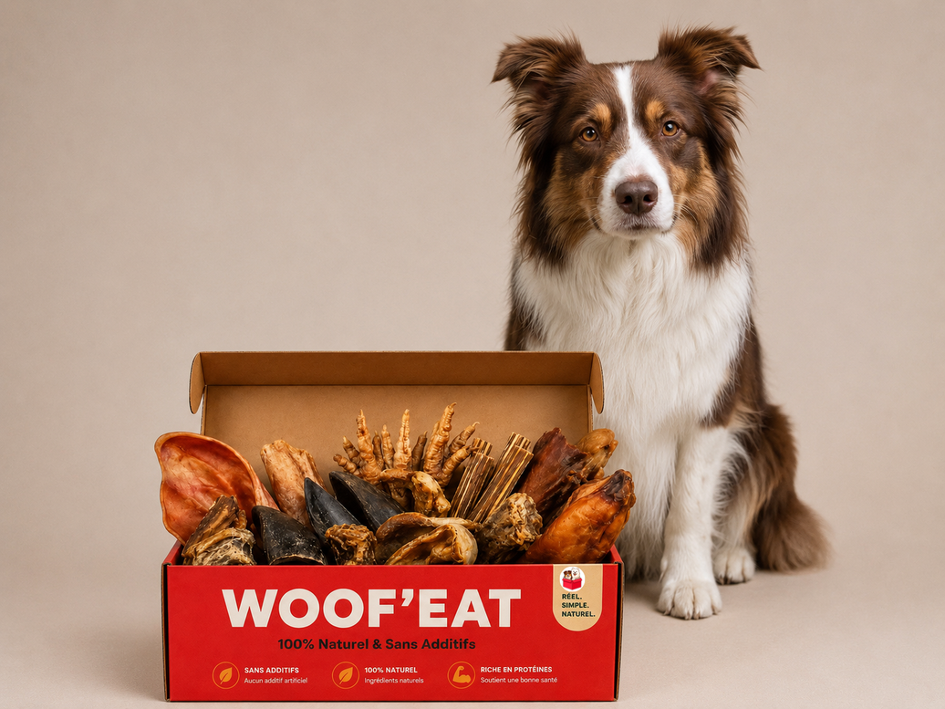 Coffret pour chiens moyens Woof'eat avec plusieurs sachets de nourriture pour chiens dans une boîte colorée.