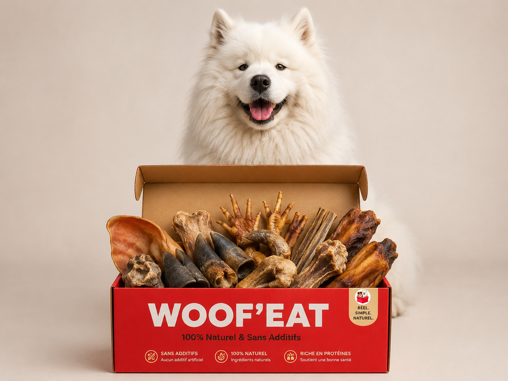 Box grands chiens Woof'eat avec plusieurs sacs de nourriture pour grands chiens, emballage coloré et attrayant.