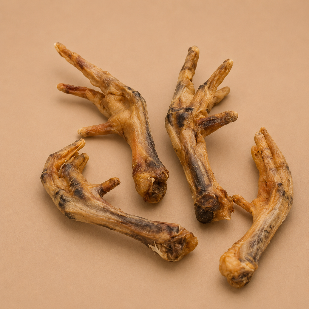 Pattes de poulet Woof'Eat, friandises naturelles pour chien, visibles dans une assiette avec texture croustillante