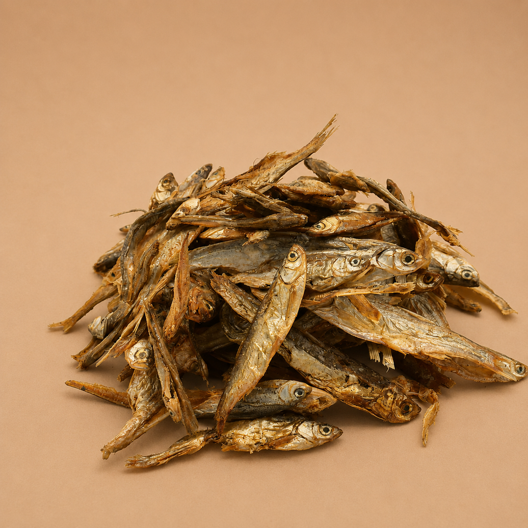 Sachet de 20g de sprats grande taille Woof'Eat, contenant environ 5 unités de poisson pour chien en image.