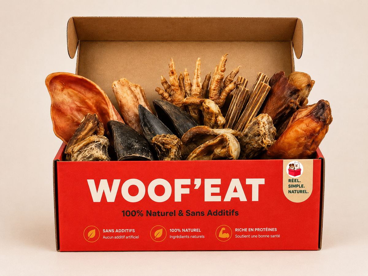 Coffret grand chien Woof'eat avec diverses friandises pour chiens, présenté dans une boîte colorée et attrayante.