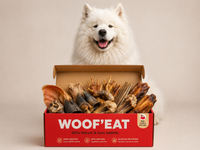 Box grands chiens Woof'eat avec plusieurs sacs de nourriture pour grands chiens, emballage coloré et attrayant.
